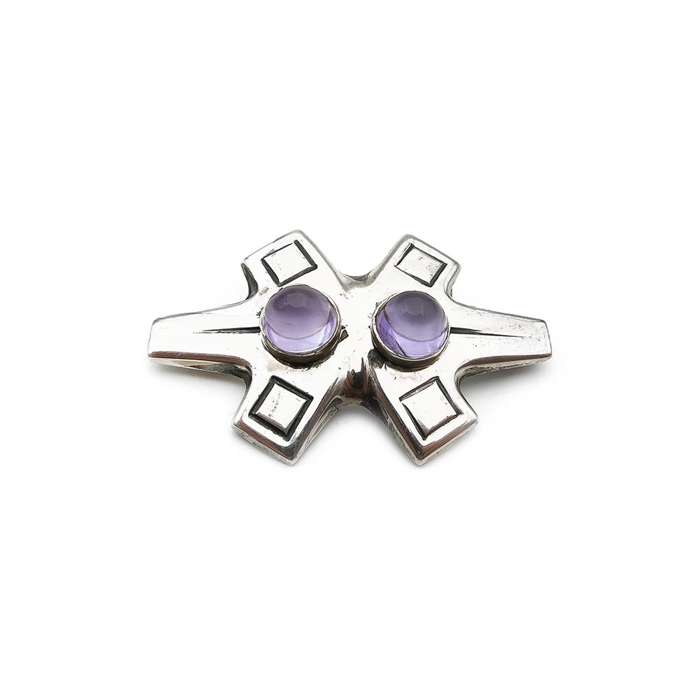 Hopeinen design rintakoru, ametistinsävyiset kivet v.-61 #0