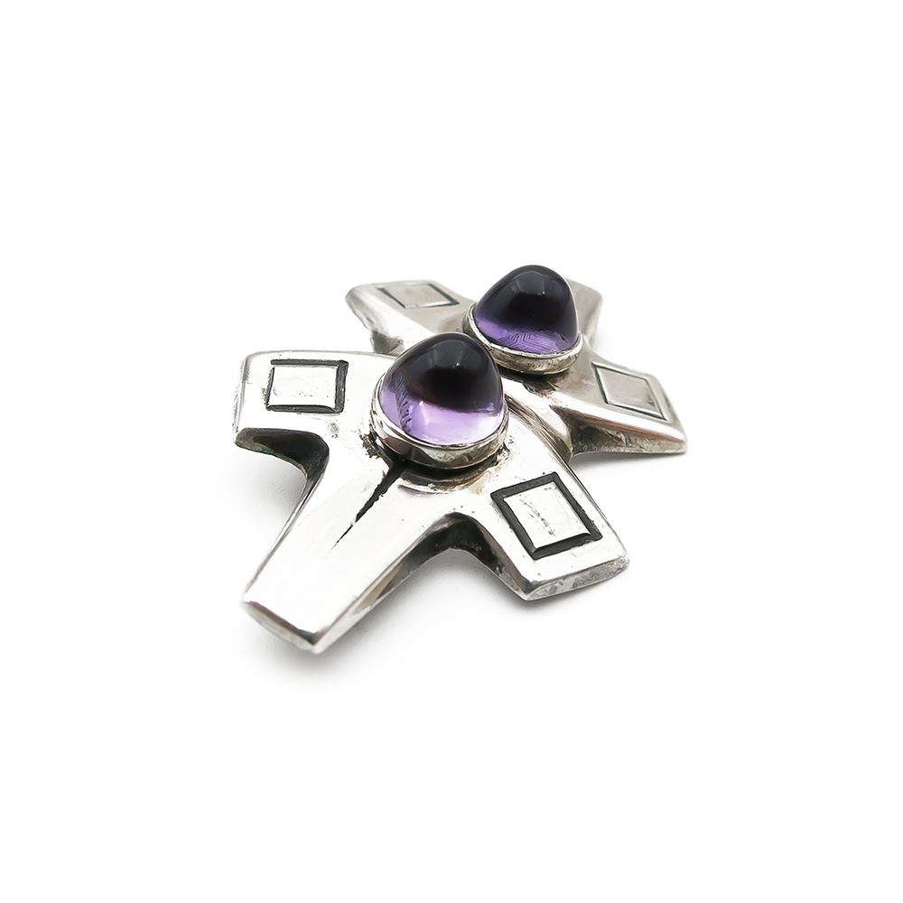 Hopeinen design rintakoru, ametistinsävyiset kivet v.-61 #2