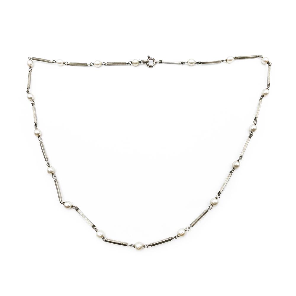 Hopeinen palkkikaulaketju helmillä, 41cm #0