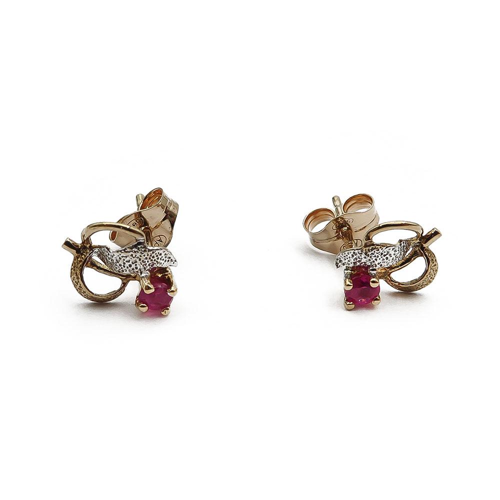 Kultaiset lehti korvakorut punaisella kivellä #0