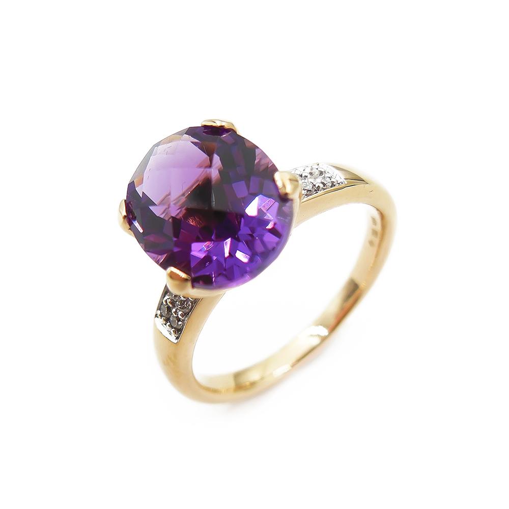 18K Kultainen sormus,19,25mm, lila kivi+0,12ct timantteja #0