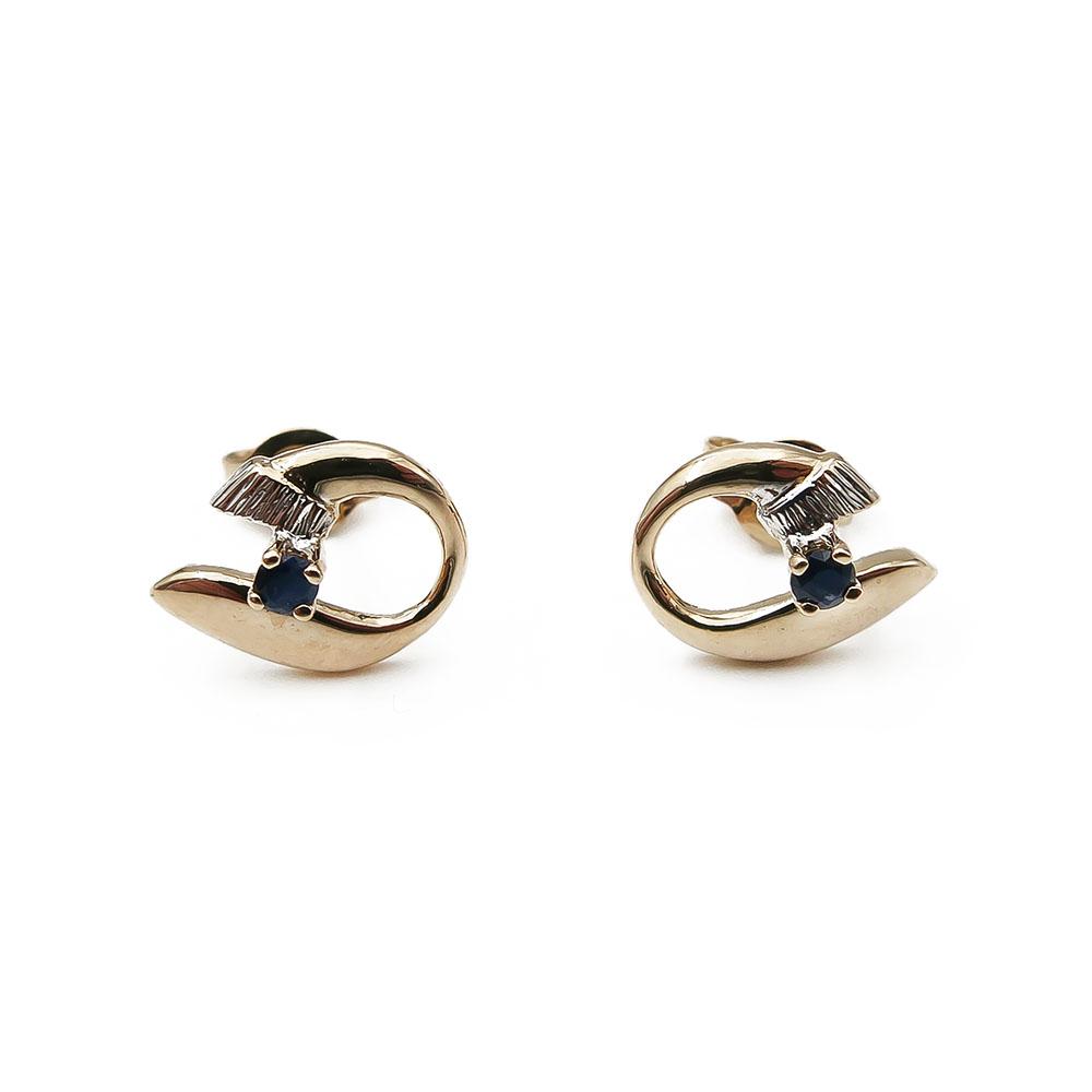 Kultaiset tappikorvakorut, sininen kivi ja valkokulta koristelu #2