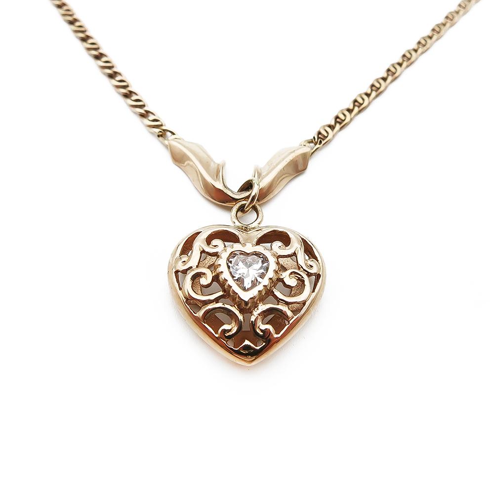 Kultainen filigraani sydänkaulakoru 43cm kirkas kivi #0