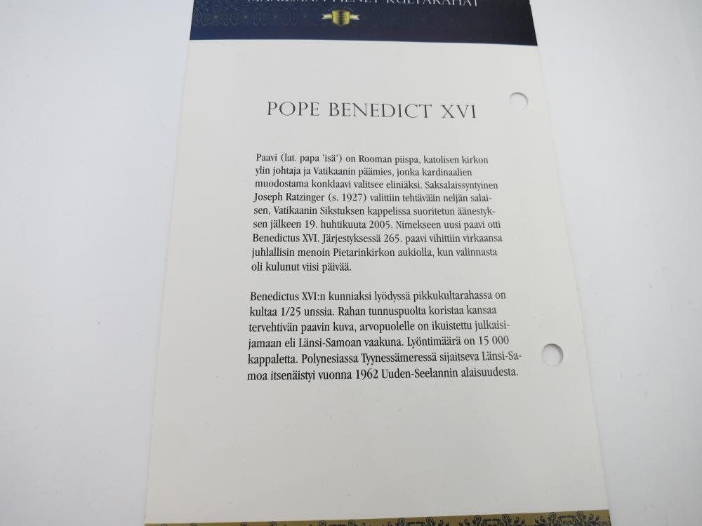 Samoa 10 Dollaria sijoituskultakolikko 1/25oz Pope Benedict XVI #3