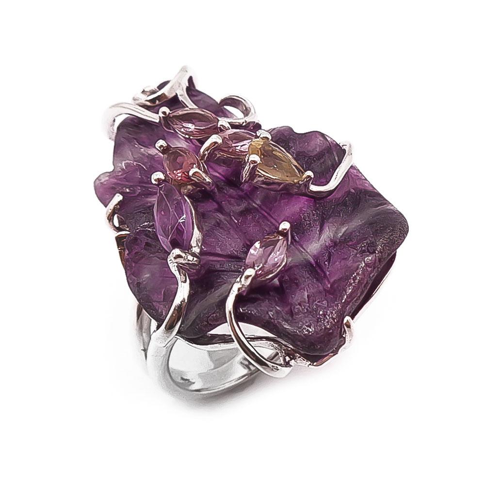 Hopeinen ametisti-lehtisormus 17mm #0