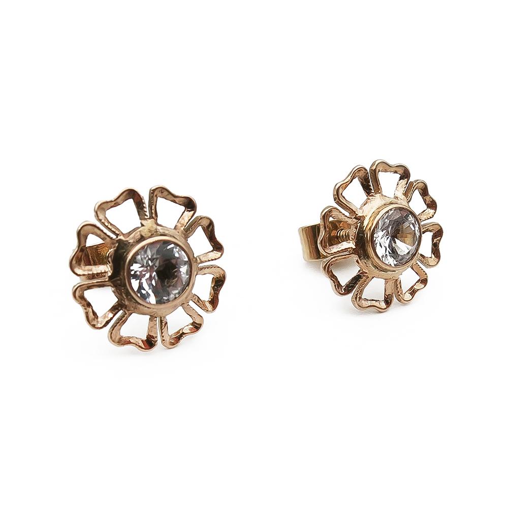 Kultaiset kukkakorvakorut tapilla, taustat ruuvattavat, kirkas kivi #0