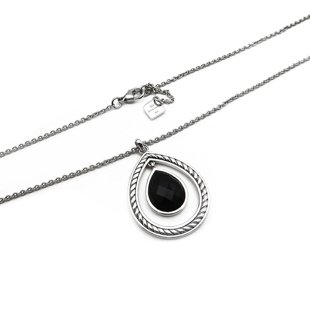 Hopeinen kaulakoru pisaranmallinen musta kivi 42-45,5cm #3