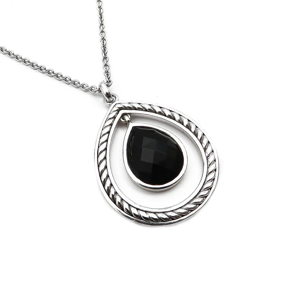 Hopeinen kaulakoru pisaranmallinen musta kivi 42-45,5cm #2