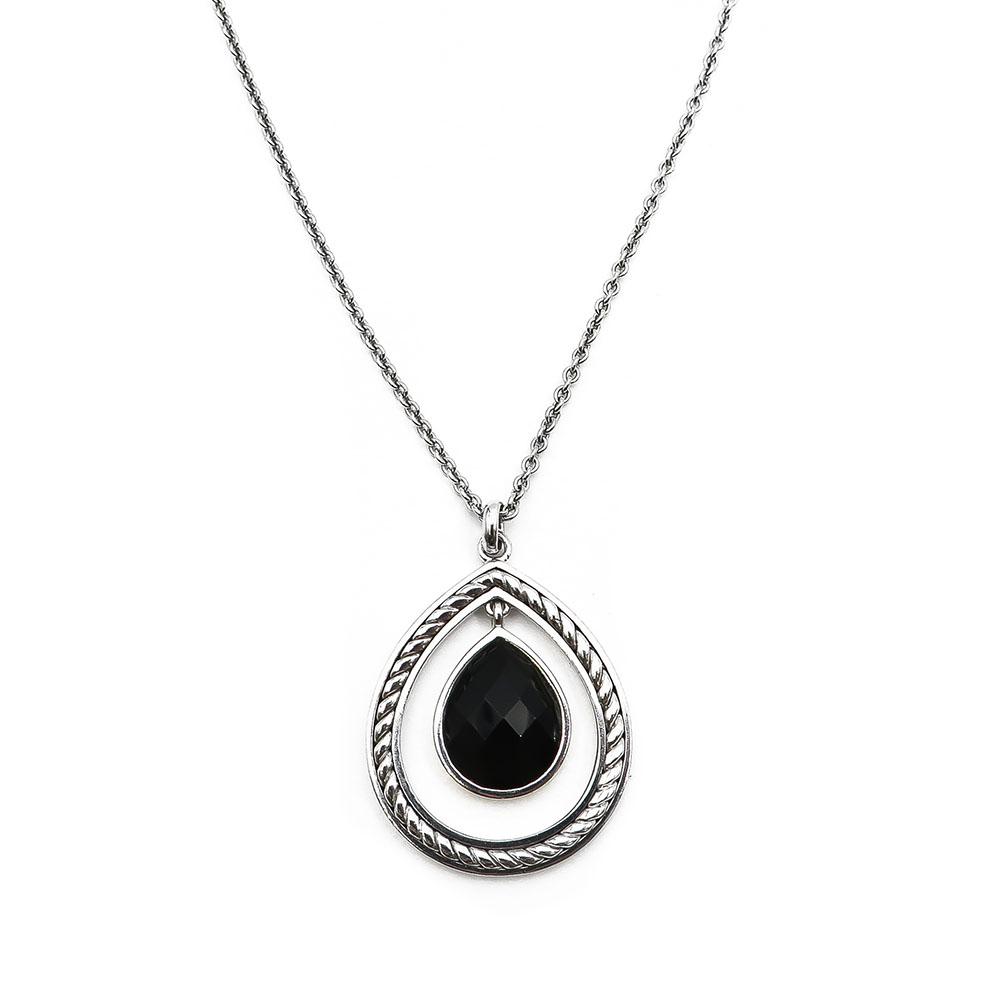 Hopeinen kaulakoru pisaranmallinen musta kivi 42-45,5cm #0