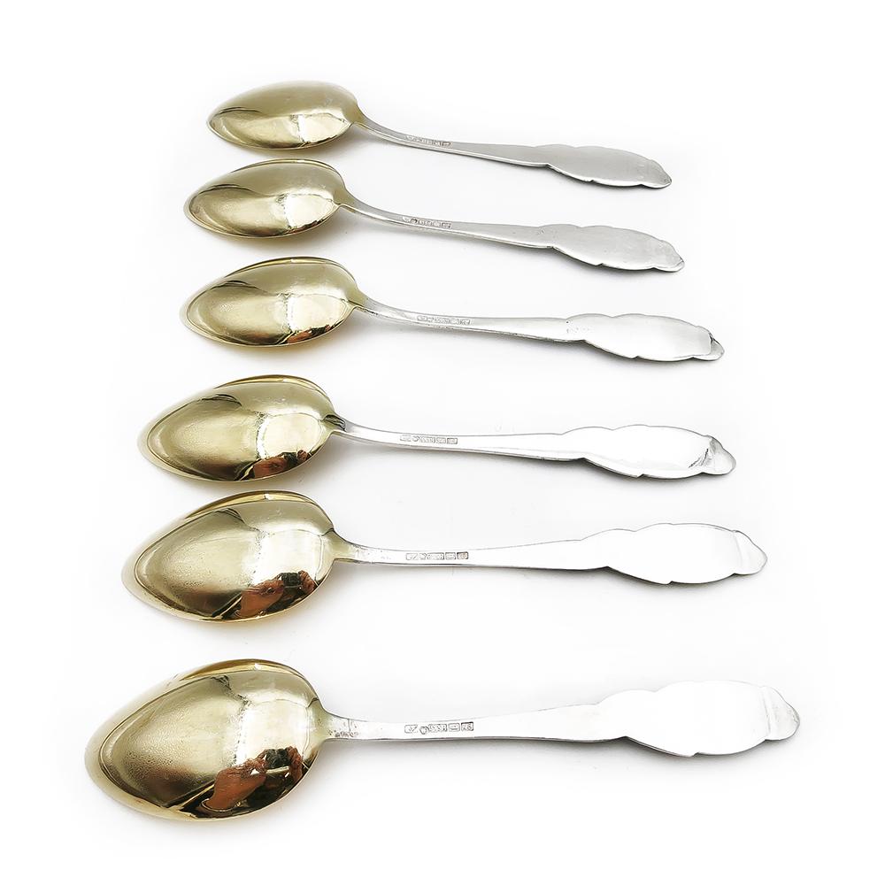 Hopeiset kahvilusikat 6kpl v.1939 kullattu pesä #1