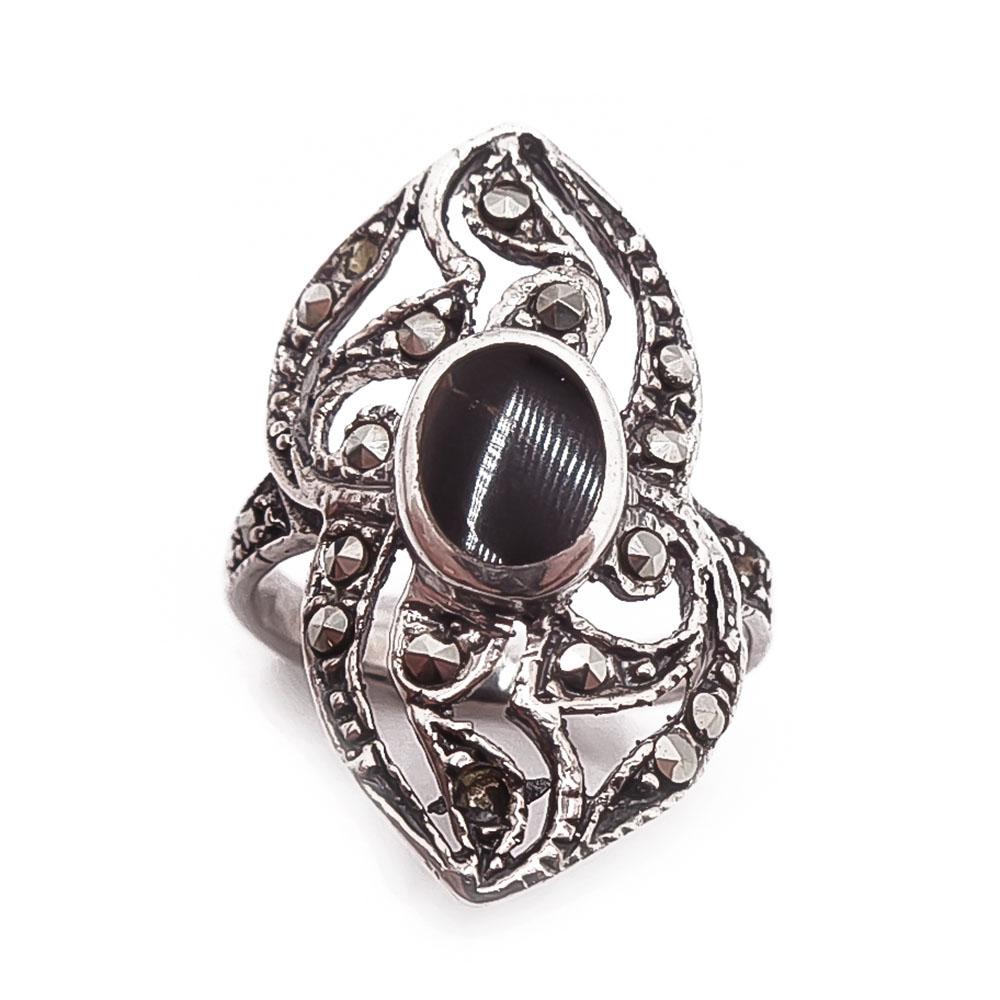 Hopeinen markasiittisormus mustalla kivellä 17mm #1