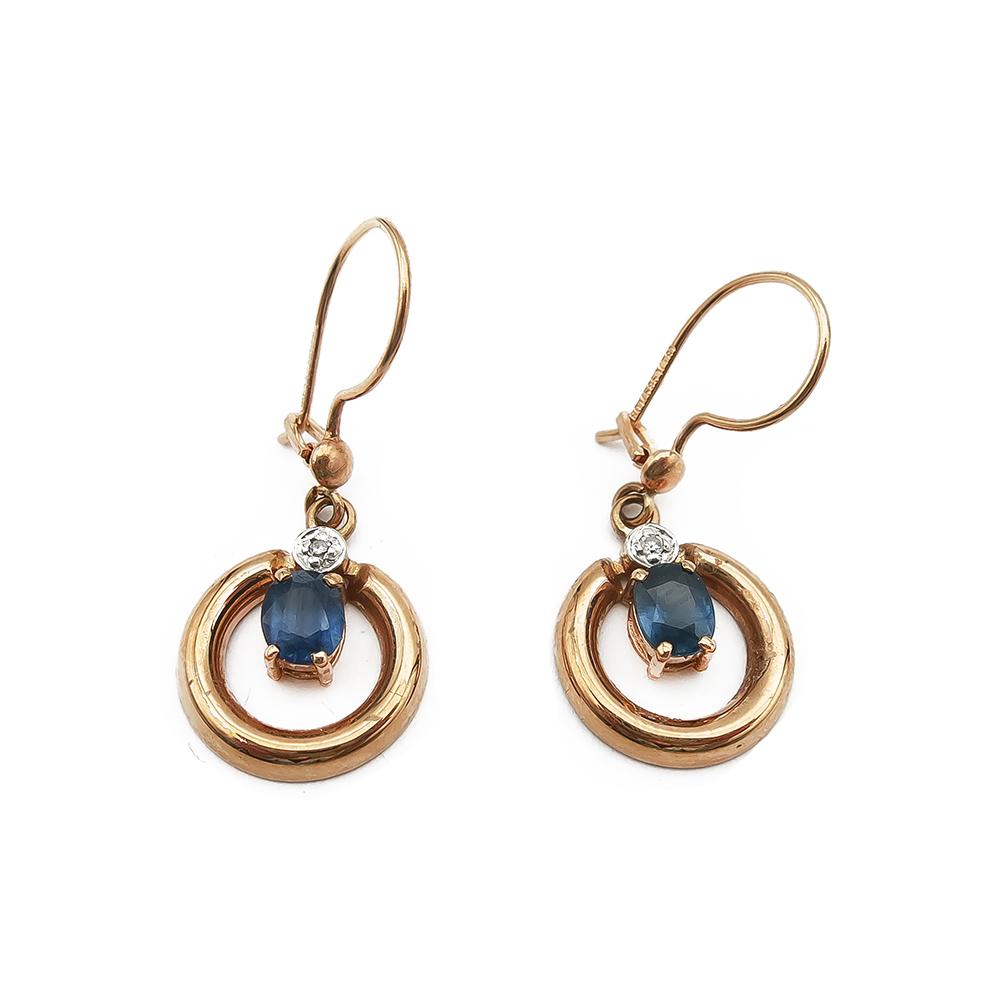 Koukkukorvakorut timanteilla ja sinisillä kivillä #0