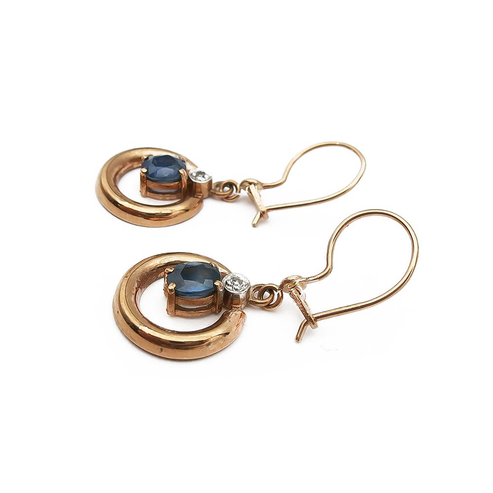 Koukkukorvakorut timanteilla ja sinisillä kivillä #1