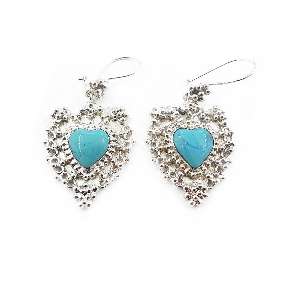 Hopeiset korvakorut, turkoosit kivet, sydänmalli #0