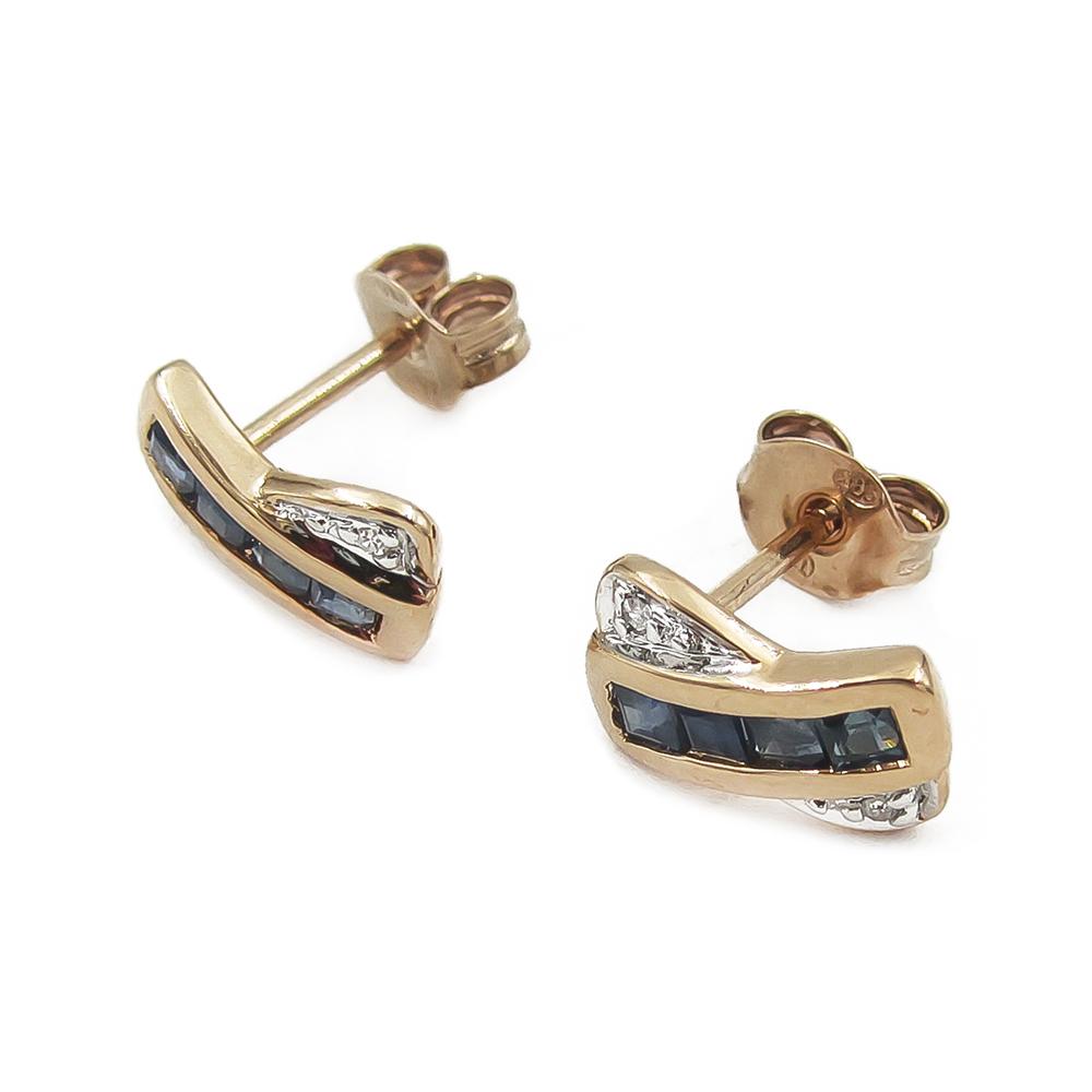 Kultaiset tappikorvakorut sinisillä kivillä ja timanteilla 14K, 9 × 5 mm #3 Kultatukku.fi