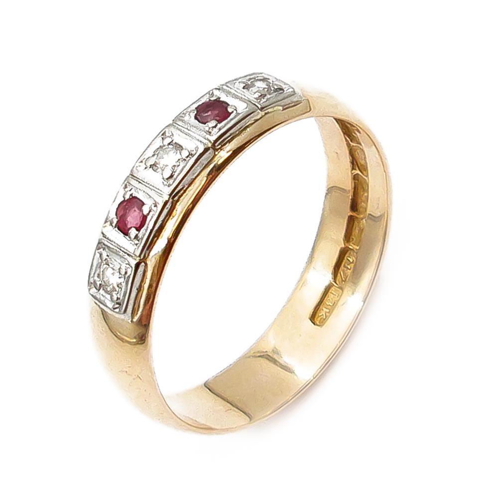 18k Kultainen timanttisormus vuodelta 1966 punaisilla kivillä ja 3 x 0.02ct timanteilla koko 19,75 #0 Kultatukku.fi