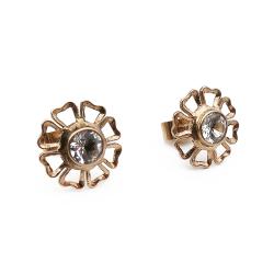 Tuotekuva Kultaiset kukkakorvakorut tapilla, taustat ruuvattavat, kirkas kivi